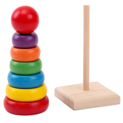 Rainbow Wood Stacking Ring Tower Building Block Education Toys 8 Layer Puzzle W