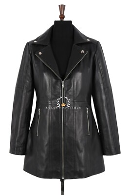 Ladies Biker Style Black Leather Jacket Mid Length Slim Fit Real Lambskin Coat