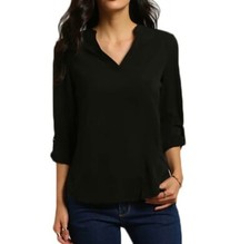 Lady Button Plain Loose Tops Long Sleeve Casual Blouse Black XL
