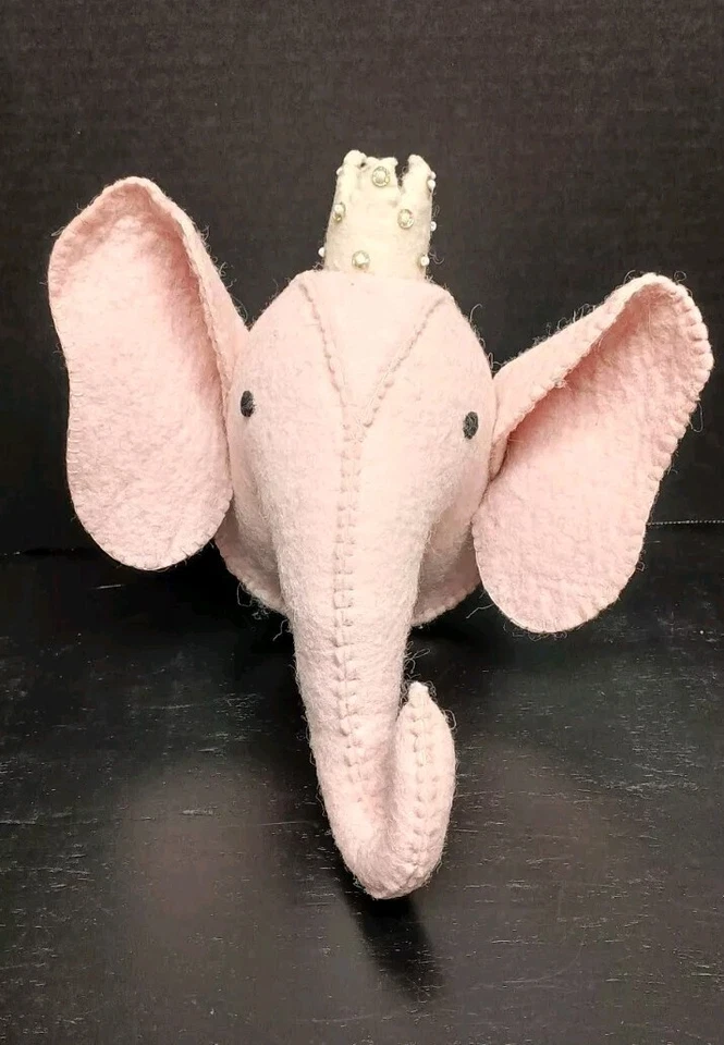 Elefante de fieltro de lana rosa Mudpie montaje en pared decoración de guardería bebé niña nuevo con etiquetas India Foto 3 de 4