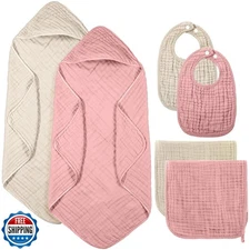 Hahafelt 6 Pcs Baby Hooded Towels Washcloths and Bibs Set Muslin Cotton Soft 