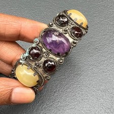 Wide Vtg Silver tone gemstones Garnet Amethyst Agate Hinged bangle Bracelet