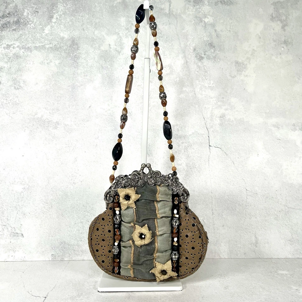 Mary Frances Beaded Flower Butterfly Purse Satin Leather Brown Gray Evening Bag - Image 2 of 4