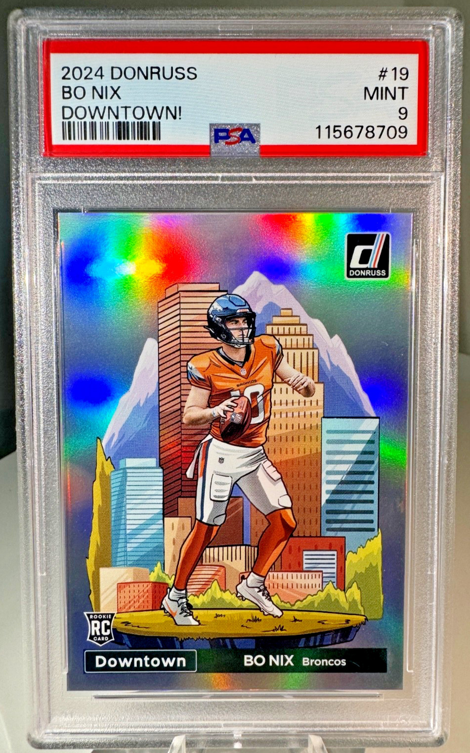 Bo Nix 2024 Panini Donruss #19 Downtown! RC Rookie Card Broncos PSA 9