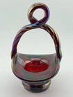 Fenton Red Iridescent Carnival Art Glass Mini Basket Loop Handle Diamond Design