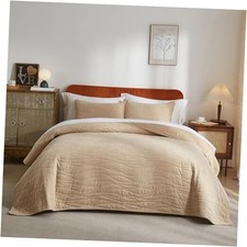 Velvet Quilt Bedspread, Ultra Soft King/Cal.King 106" x 96" Wave Beige Brown