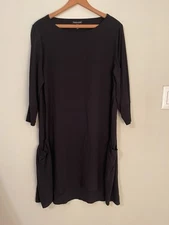 Eileen Fisher Silk Lagenlook Shift Dress Black 3/4 Sleeve Pockets Small S/P