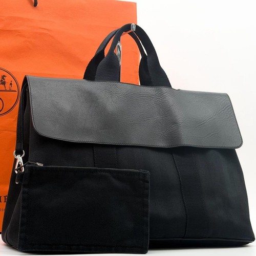 HERMES Valparaiso MM Black Leather Canvas Handbag A4