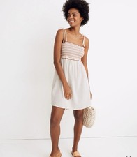 MADEWELL Ruffle-Strap Smocked Dress Womens Sz S Ivory Striped Midi Beach