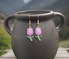 1.5  Gold-tone Enamel Tulip Rhinestone Dangle Earring Set New Free Ship B8955