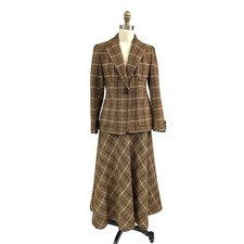 VTG 70s Evan Picone Plaid Wool Skirt Suit S Brown Blue Academic Chic Preppy Fall
