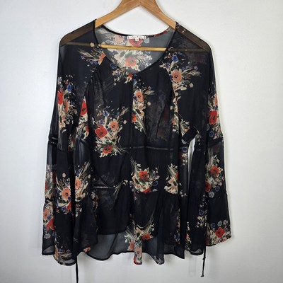 Willow & Clay Blouse Womens Medium Black Floral Sheer Bell Sleeve Boho Tunic Top