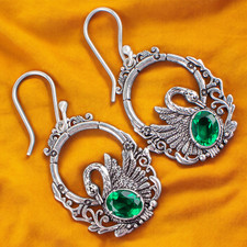 Lab-Created Emerald Green Gemstone 925 Sterling Silver Dangle Earrings Gift BN