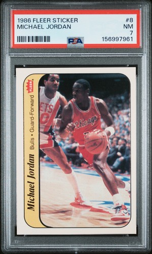 1986 FLEER STICKER #8 MICHAEL JORDAN ROOKIE RC PSA 7