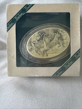 Vintage NIB BARLOW Belt Buckle Scrimshaw Jump Deer Silver 4" Oval USA