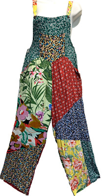 Nwt SACRED THREADS funky floral hippie rayon OVERALLS ROMPER JUMPSUIT JUMPER L