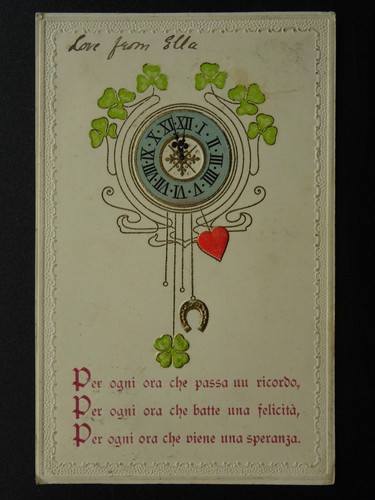 Italienische Gruß VIEL GLÜCK UHR Für jede Stunde, die vorbeikommt c1905 geprägte Postkarte - Bild 1 von 2