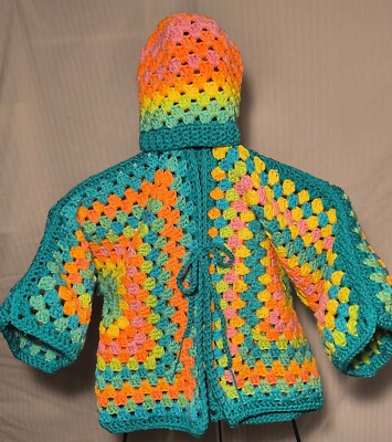 Child's Granny Square Cardigan With Matching Beanie Set (Multi Color)