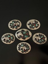 Handmade 1991 Navajo Signed Turquoise and Silver Concho Belt Buckle 6 Piece Set