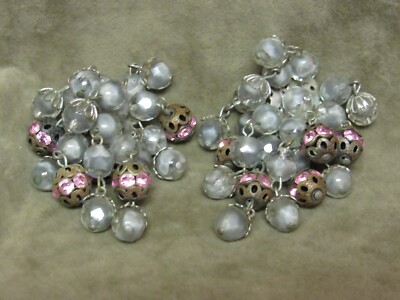 1920's Art Deco Pink Rhinestone Bead Grey Glass Clip on Chandelier Earrings