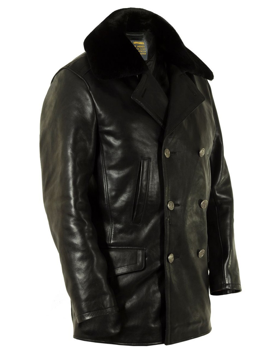 Men's Real Leather Pea Coat Jacket Long Coat With Detachable Faux Fur  Collar