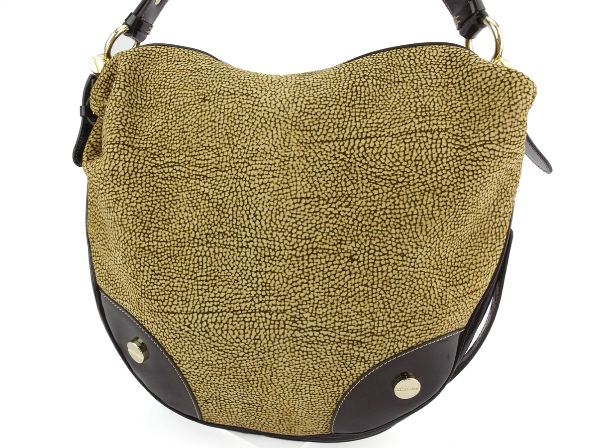 BORBONESE handbag quail pattern beige suede enamel leather used
