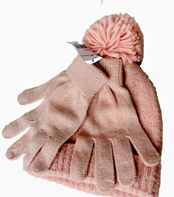 NWT Women's Winter Lurex Knit Beanie Hat & Gloves Pink/Silver Sparkle OSFM