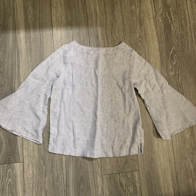 CYNTHIA ROWLEY Womens Sz Large 100% Linen Striped Bell Sleeve Blouse Top