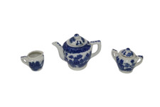 VTG Japanese White Blue Willow Tea Pot Creamer  Sugar Bowl Miniature Set Of 3
