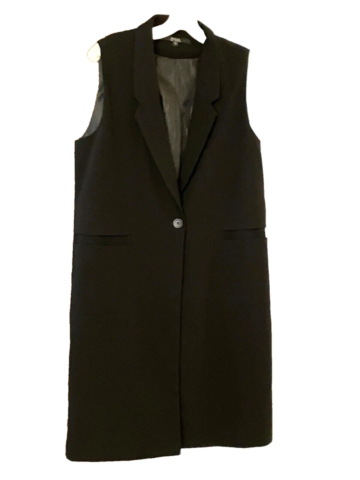 GUESS Black Collared Longline One Button Sleeveless Maxi Vest with Pockets Sz M