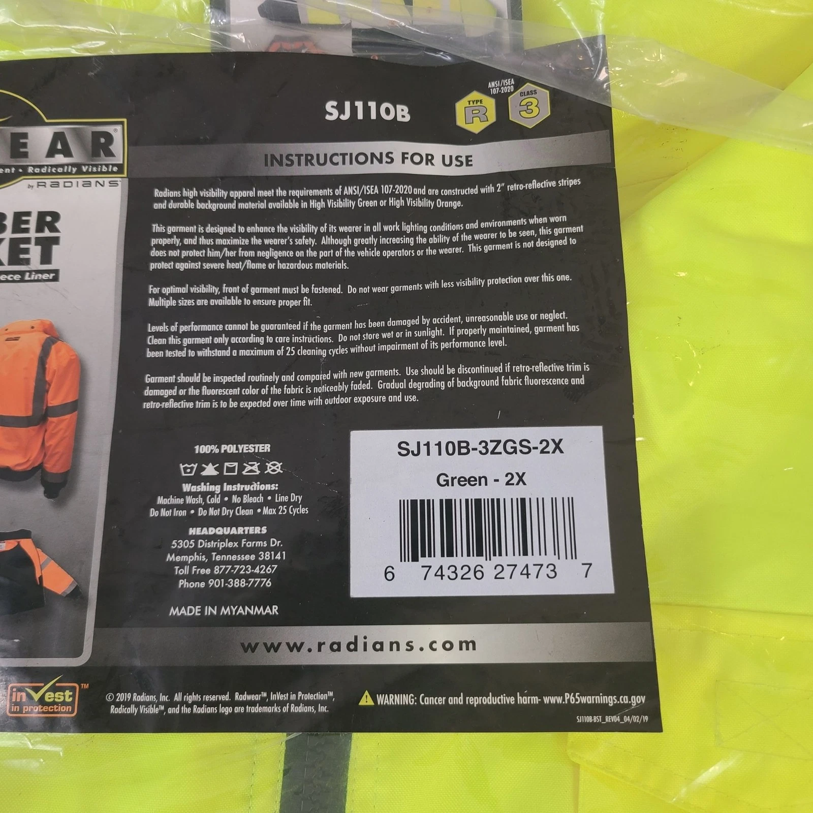 NEW Radians Hi-Vis Green Bomber Jacket Sz 2X Removable Liner ANSI/ISEA Class 3 - product detail image 3