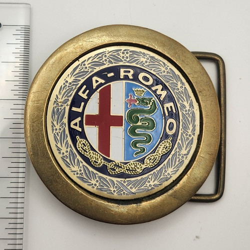 Alfa Romeo 1975 Round Brass Gold Tone Logo Belt Buckle - Round Design