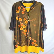 Floral Blossom Yellow Orange Black Top Button Details Sheer Ruffle Sleeve Large