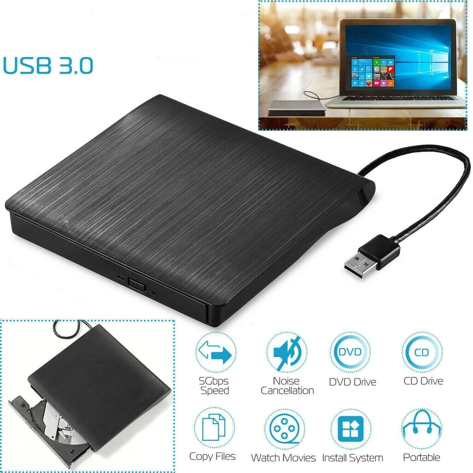 Unidad externa delgada de CD DVD RW USB 3.0 grabadora grabadora reproductor negro para computadora portátil PC Foto 2 de 4