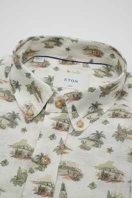Eton Slim Fit Hemd Leinen Large Creme Weiß Ananas Cocktail Motiv Rio Print