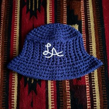 Handmade Blue Crochet Bucket Hat with White Embroidered Los Angeles Accent, Yarn