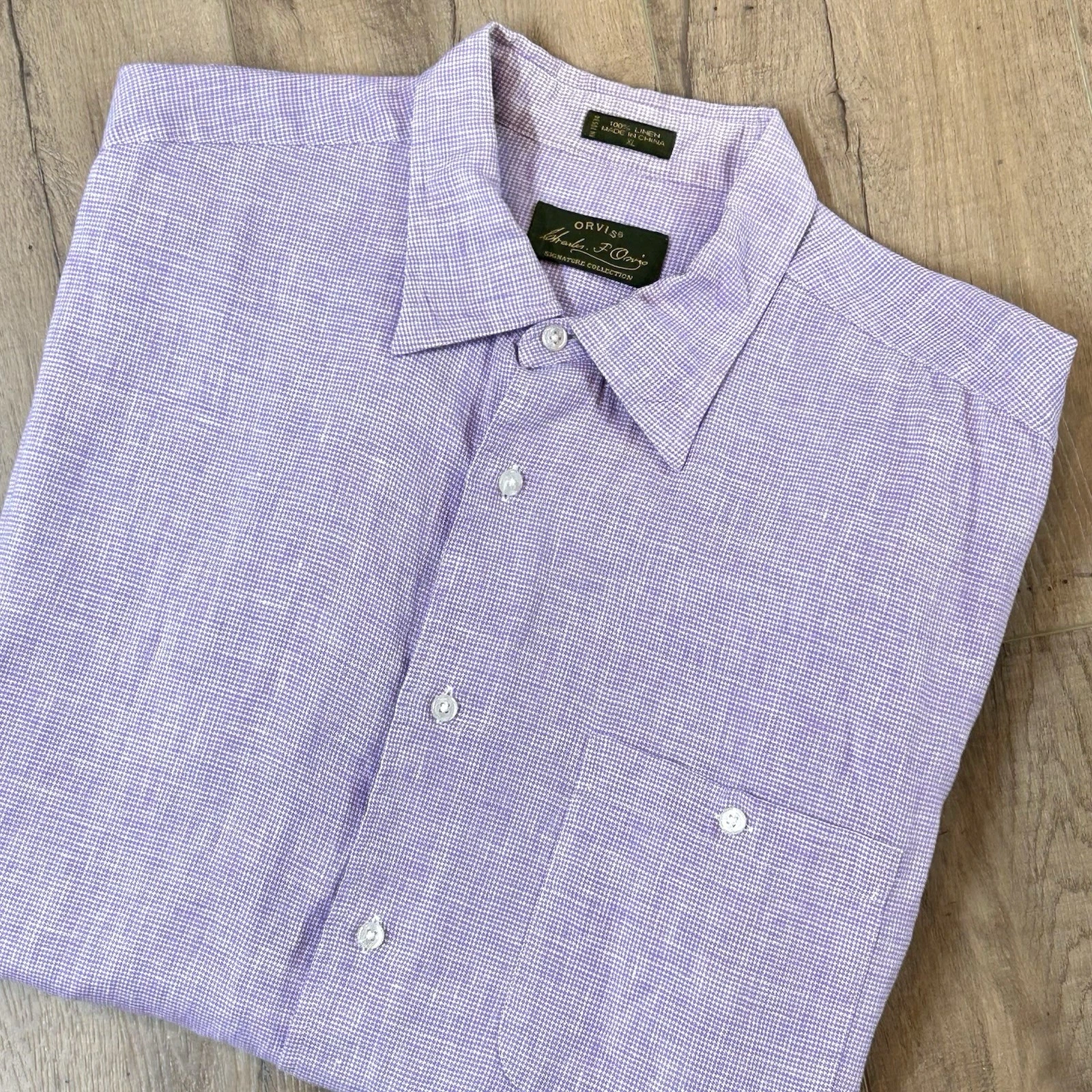 Orvis Mens XL 100% Linen Shirt S/S Button Down Purple Check Signature Collection