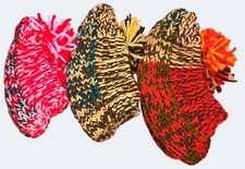 Lot Of 3 Handmade Vintage Knit Slippers With Pom-Poms Assorted Bright Colors Siz