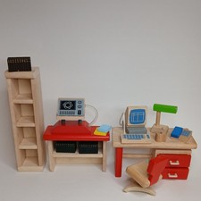 Plan Toys Home Office Lot Wood Dollhouse Desk, Computer, Bookcase  Accessories