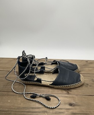 Tory Burch sz 9 M Positano Lace Up Espadrille Flats Navy Leather Womens