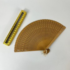 Vintage Folding Hand Fan Wood with Original Box Pierced Reticulated White Tassel