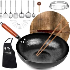 Carbon Steel Wok Pan, 14 Piece Woks & Stir-Fry Pans Set with Wooden Lid Cookware