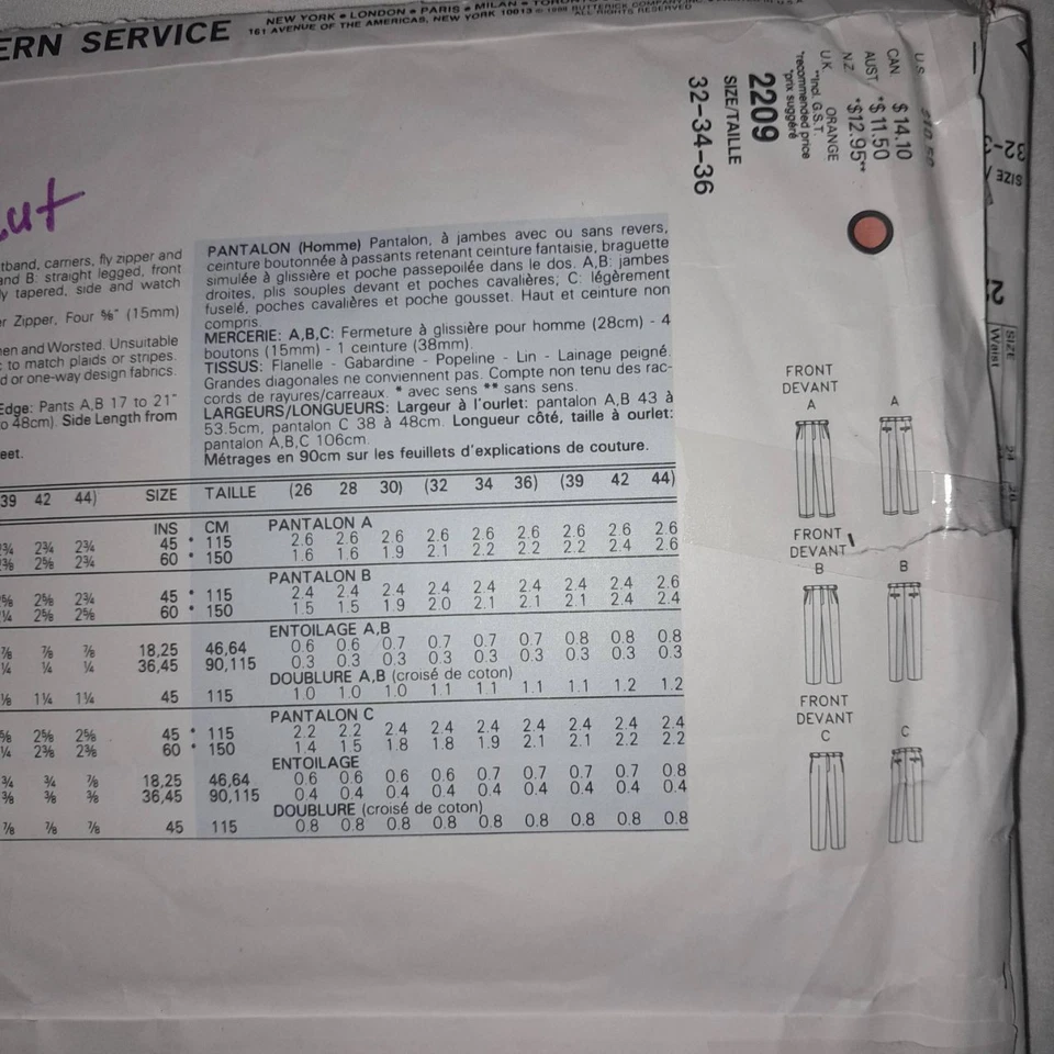 Vogue 2209 Pattern Perry Ellis Pleated Formal Pants Cut Sz 36 American Designer - Image 4 of 4