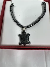 Hematite Drum Beads & Turtle Crystal Healing Stone 1” Pendant Necklace 18”