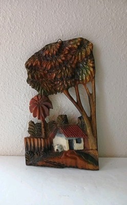 Vtg Honduran Hand Carved Wooden Relief Wall Art Plaque Painted Cabin 6''×11'' 