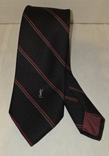 Yves Saint Laurent YSL Black Striped Silk Tie Logo Embroidered Paris NY VTG