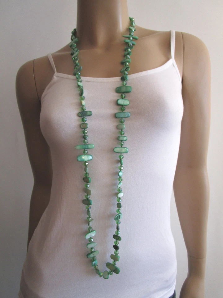 Damen Hals Kette Modekette Bettelkette lang Perlmutt Perlen Grün Endloskette P39 - Bild 2 von 4