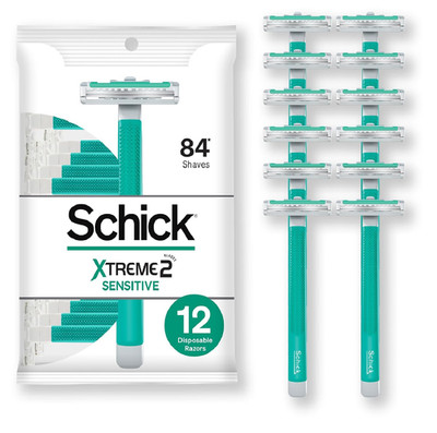 Schick Xtreme 2 Blade Sensitive Skin Disposable Razor For Men, Pack of 12