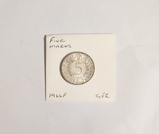 Moneda de cinco marcos de plata alemana FR 1966 Stuttgart Mint