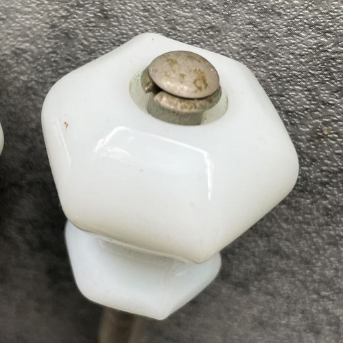5-pc Antique MCM White Milk Glass Hexagon Knobs 1.25"H Cupboard Drawer Pull Door - Picture 3 of 4